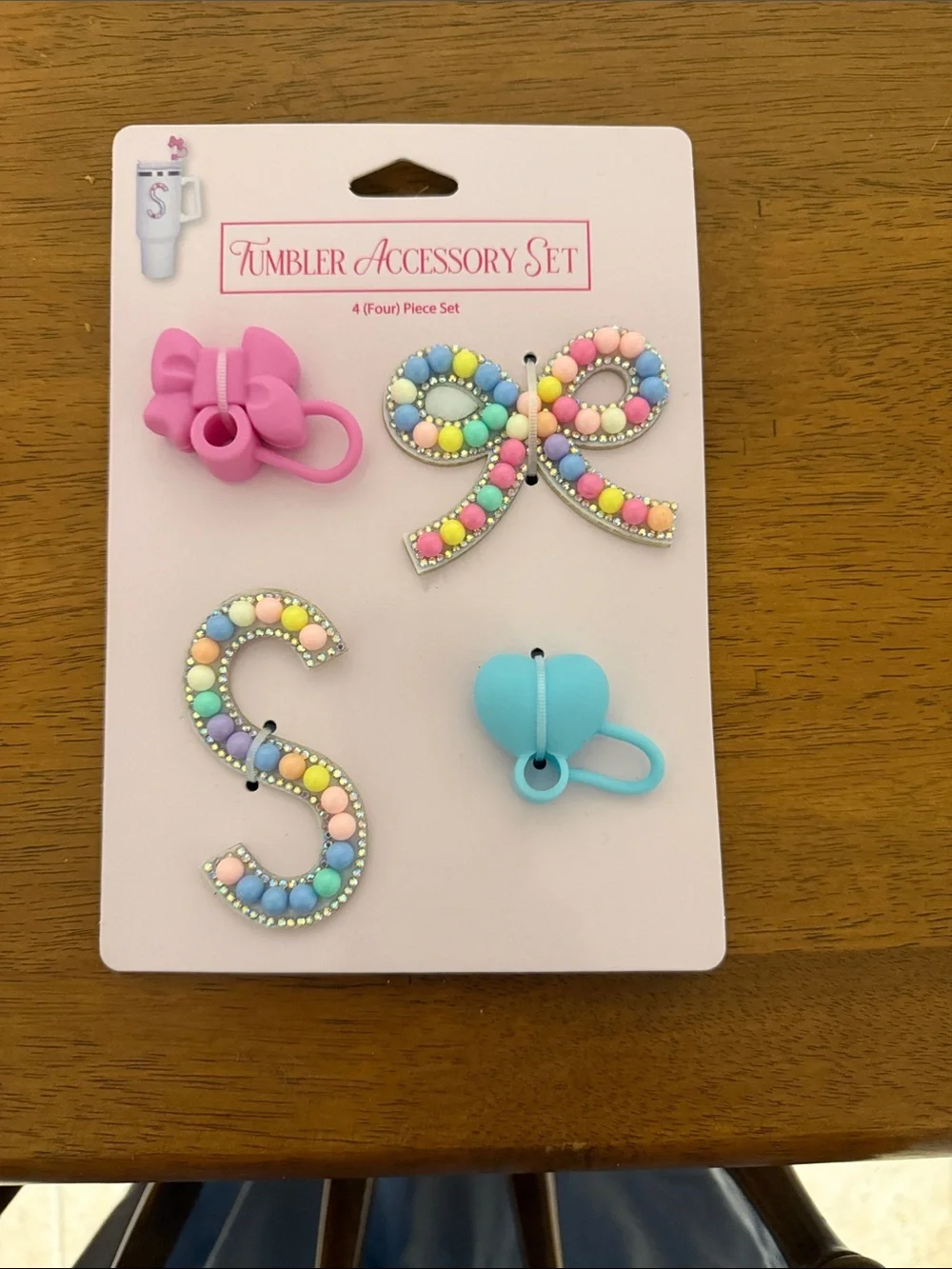 Pastel Bow & Initial Kids Tumbler Charm Set - Pink & Blue